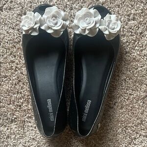 Mini Melissa Black Dress Shoes with White Floral Accent